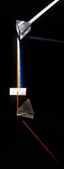 Prism splitting white light ray into colours of the visible spectrum, side view Prism splitting white light ray into colours of the visible spectrum, side view