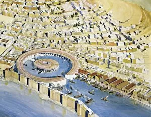 Related Images Collection: Punic civilization. Reconstruction of Byrsa Hill, with the Punic city and Hannibals circular harbor