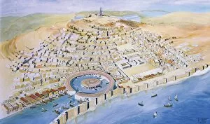 Punic civilization. Reconstruction of Byrsa Hill, with the Punic city and Hannibals circular harbor