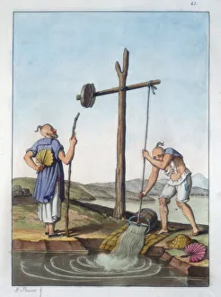Raising water by means of a Shaduf (shadoof) China. Aquatint from Costume Antico et Raising water by means of a Shaduf (shadoof) China. Aquatint from Costume Antico et