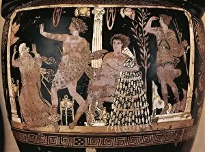 Red-figure pottery, Krater portraying Eumenides of Aeschyluss tragedy, Apollo defends Oreste from Fury