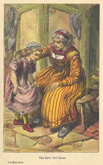 The Red Shoes, one of Hans Christian Andersens Fairy stories Karen being given The Red Shoes, one of Hans Christian Andersens Fairy stories Karen being given