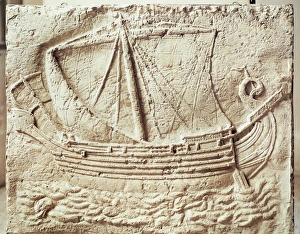 <b class=qtipBold><figcaption>Relief depicting merchant ship</figcaption></b><br>Phoenician civilization, 4th century b.C. Relief depicting a merchant ship. Relief depicting merchant ship