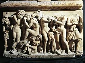 Relief from urn depicting Iphigenia and Orestes at altar with sleeping Eryne Relief from urn depicting Iphigenia and Orestes at altar with sleeping Eryne