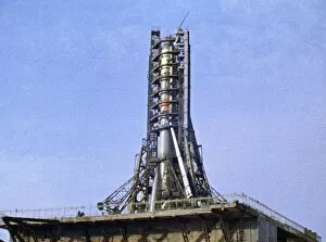A rocket bearing the soviet space probe venera 5 or 6 prior to its launch in january 1969