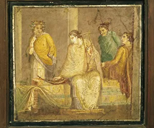 Roman civilization, fresco portraying four women, one seated with musical instrument Roman civilization, fresco portraying four women, one seated with musical instrument