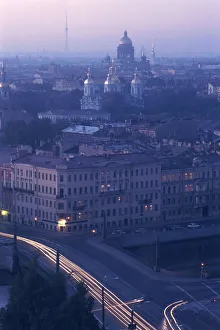 Russia, St Petersburg, aerial view of the city at dusk, with lights and a purple blue haze Russia, St Petersburg, aerial view of the city at dusk, with lights and a purple blue haze