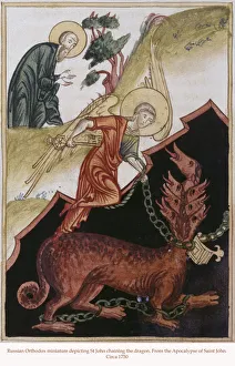 Russian Orthodox miniature depicting St John chaining the dragon