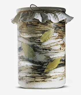 Salt-cured sprats in glass jar, with bay leaves Salt-cured sprats in glass jar, with bay leaves