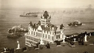 <b class=qtipBold><figcaption>San Francisco Cliff House</figcaption></b><br>San Francisco, California c. 1899 The Cliff House at the very western end of San Francisco as it sat perched overlooking the Pacific Ocean. It was opened in 1896 by Adolph Sutro, the mayor of SF. It survivved the 1906 earthquake, but then burned to the ground in 1907. This view is taken from the Parapet at Sutro Heights, Adolph Sutro's estate above the Cliff House.<br><em>© Underwood Archives/UIG</em> San Francisco Cliff House