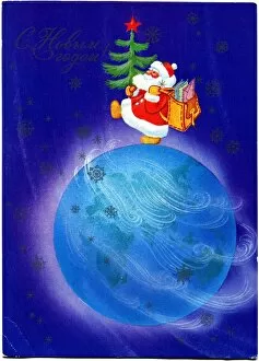 Santa Claus with Christmas fir trees in his hand and mail bag on his shoulder walking across the globe
