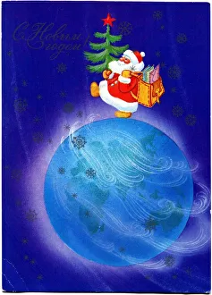 Santa Claus with Christmas fir trees in his hand and mail bag on his shoulder walking across the globe Santa Claus with Christmas fir trees in his hand and mail bag on his shoulder walking across the globe