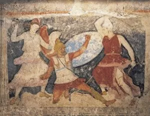 Sarcophagus of the Amazons with painted scene of a battle, white limestone, from Tarquinia, Latium region, Italy