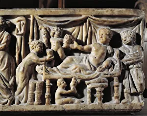 Front side of sarcophagus depicting father surrounded by his family, Detail Front side of sarcophagus depicting father surrounded by his family, Detail