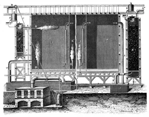 Sectional view of Gay-Lussac's lead chambers and absorption towers, 1870. These Sectional view of Gay-Lussac's lead chambers and absorption towers, 1870. These
