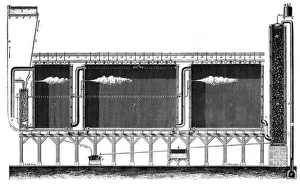 Sectional view of lead chamber process for large-scale production of sulphuric acid 1870 Sectional view of lead chamber process for large-scale production of sulphuric acid 1870