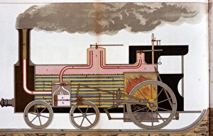 Sectional view of a mid-19th century steam railway locomotive showing firebox Sectional view of a mid-19th century steam railway locomotive showing firebox