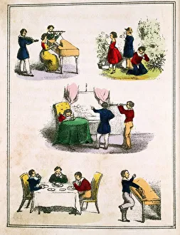 The Five Senses: smell, hearing, sight, touch and taste. From childrens book, London c1850 The Five Senses: smell, hearing, sight, touch and taste. From childrens book, London c1850