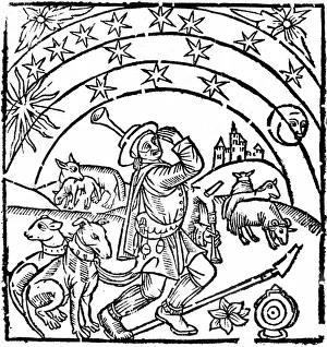 Shepherd guarding his flock at night. Under his arm are his bagpipes. He has two Shepherd guarding his flock at night. Under his arm are his bagpipes. He has two