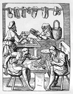 The Shoemaker. Master craftsman serves female customer at shop window, while his The Shoemaker. Master craftsman serves female customer at shop window, while his