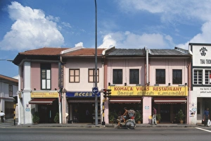 Singapore, Little India, row of restaurants and shops, painted pink and white Singapore, Little India, row of restaurants and shops, painted pink and white