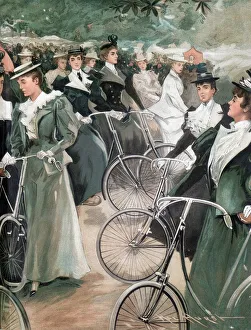 Society ladies cycling in Hyde Park, London. From Vanity Fair London June 1896 Society ladies cycling in Hyde Park, London. From Vanity Fair London June 1896