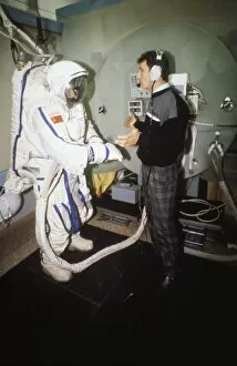Soviet cosmonaut viktor afanasyev about to start an eva simulation at the gagarin training center in preparation for