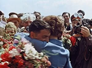 Tereshkova Gallery: Soviet cosmonauts valentina tereshkova and valery bykovsky hug after bykovskys flight in vostok 5