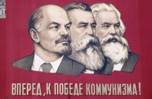 Images Dated 20th March 2014: Soviet propaganda banner with likenesses of lenin, engels, and marx in leningrad, ussr, 1960s