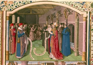 St Augustine, Bishop of Hippo in Discussion'. Monks pray in the background. St St Augustine, Bishop of Hippo in Discussion'. Monks pray in the background. St