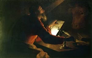 St Luke the Evangelist writing his gospel watched by his symbol, an ox. French School, 17th century