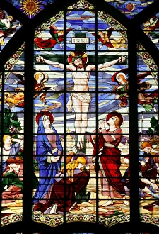 Stained glass window. Jesus on the cross. Saint-Jean de Montmartre church Stained glass window. Jesus on the cross. Saint-Jean de Montmartre church