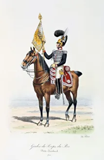 Standard Bearer of the King's guard with the regimental colours, 1820. From Histoire Standard Bearer of the King's guard with the regimental colours, 1820. From Histoire