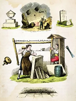 Stonemasons, wearing heavy leather safety aprons, sawing stone blocks Stonemasons, wearing heavy leather safety aprons, sawing stone blocks