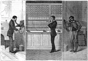 Telephone: man on left is making call which passes through the operator at the exchange Telephone: man on left is making call which passes through the operator at the exchange