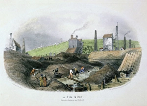 Tin mine between Cambourne and Redruth, Cornwall. Washing ore foreground. Background Tin mine between Cambourne and Redruth, Cornwall. Washing ore foreground. Background