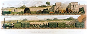 Travelling on the Liverpool and Manchester Railway 1831. Top: Goods train drawn by Travelling on the Liverpool and Manchester Railway 1831. Top: Goods train drawn by