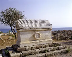 Tyre, Lebanon, marble sarcophagus with greek inscription and meduse head in medallion Tyre, Lebanon, marble sarcophagus with greek inscription and meduse head in medallion
