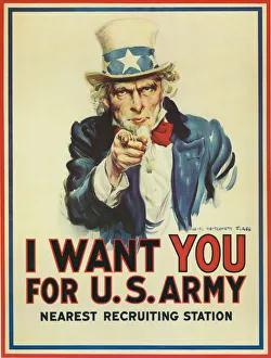<b class=qtipBold><figcaption>Uncle Sam Wants You</figcaption></b><br>Washington, D.C.: 1917. An Army recruiting poster featuring Uncle Sam that was created by American artist James Montgomery Flagg. It's use was revived again for World War II.<br><em>© Underwood Archives/UIG</em> Uncle Sam Wants You