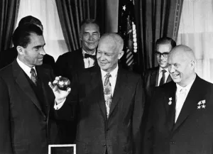 Russian Leader Prints: Print of Nikita Khrushchev with President Dwight D. Eisenhower at the White House, 1959