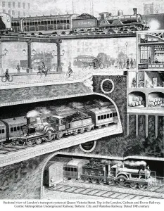 London Underground History Prints: Sectional view of Londons transport system