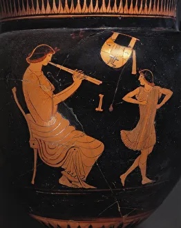 Vase attributed to the Painter of Cambridge, scene of dance lesson, red-figure pottery, detail Vase attributed to the Painter of Cambridge, scene of dance lesson, red-figure pottery, detail