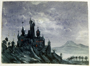 View of a Fantastic Chateau by Moonlight'. Watercolour and gouache View of a Fantastic Chateau by Moonlight'. Watercolour and gouache