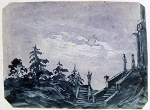 View of Grounds of a Fantastic Chateau by Moonlight'. Watercolour and gouache View of Grounds of a Fantastic Chateau by Moonlight'. Watercolour and gouache