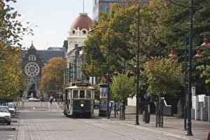 Front view of a restored inner-city tram in Christchurch, South Island, New Zealand