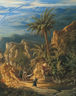 View of Suez Canal, Detail: Caravans and Palm Trees, by Albert Rieger, Oil on canvas View of Suez Canal, Detail: Caravans and Palm Trees, by Albert Rieger, Oil on canvas