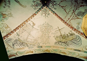 Viking ship with dragon prow carrying warriors to attack second vessel on right Viking ship with dragon prow carrying warriors to attack second vessel on right