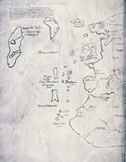 Vinland Map, oldest map of Greenland and Northern America areas discovered by Norse, Vikings during their explorations, circa 1440