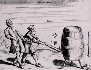 Von Guericke's first air pump being used to remove the air from a sealed barrel Von Guericke's first air pump being used to remove the air from a sealed barrel