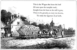 Wagon loaded with sacks of corn on the road to the flour mill. Carter walks in front Wagon loaded with sacks of corn on the road to the flour mill. Carter walks in front